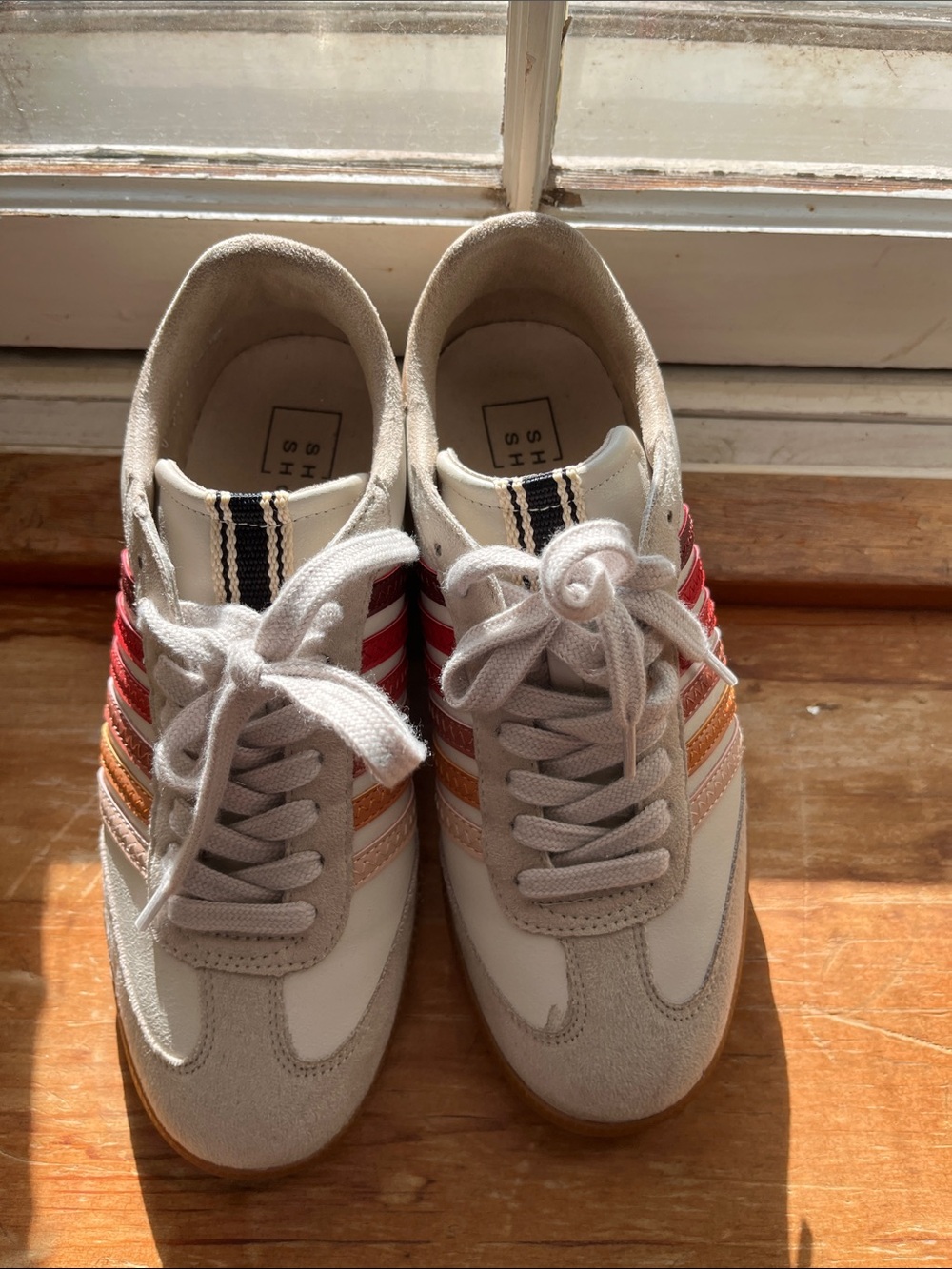 ShuShop Cream Sneakers with Red and Orange Stripes